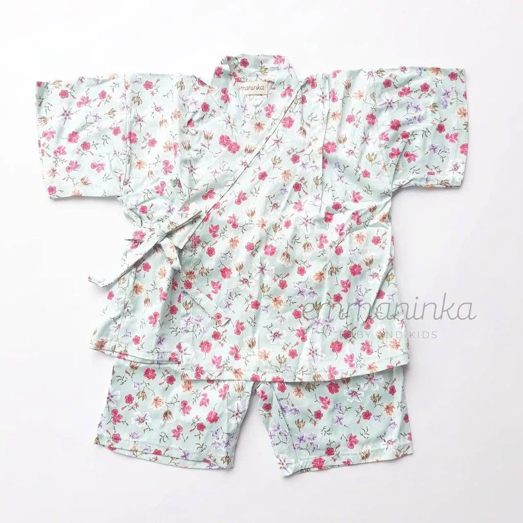 Baju Kimono Jinbei - Flowers Pink Mint